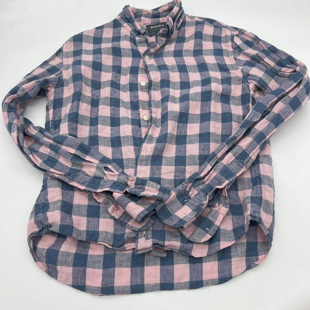 Bobobos Pink Blue Plaid Linen Slim Fit shirt size small Long